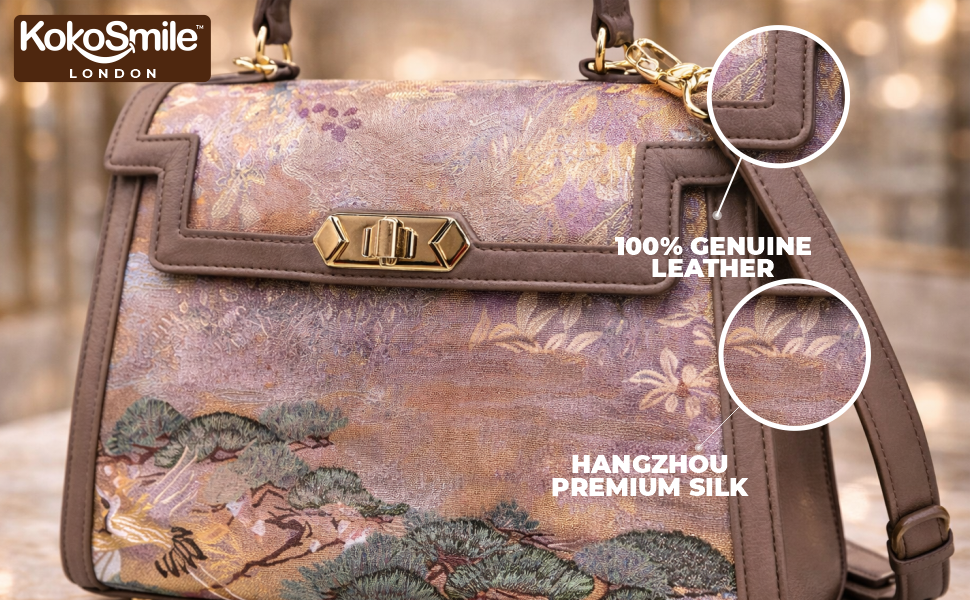 Handcrafted Premium Leather Top Handle Bag with Hangzhou Silk Banner 4