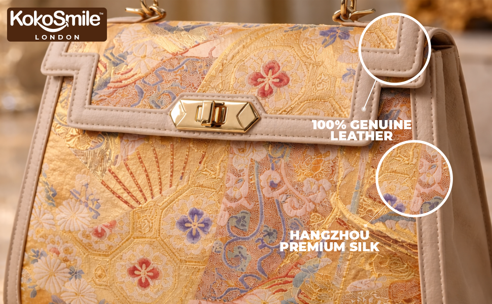 Luxury Handmade Leather Top Handle Bag with Hangzhou Silk Banner 5