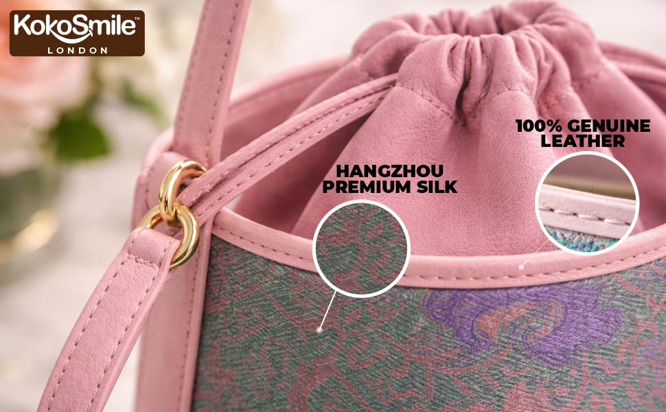 Trendy Premium Leather Bucket Bag with Hangzhou Silk Banner 5