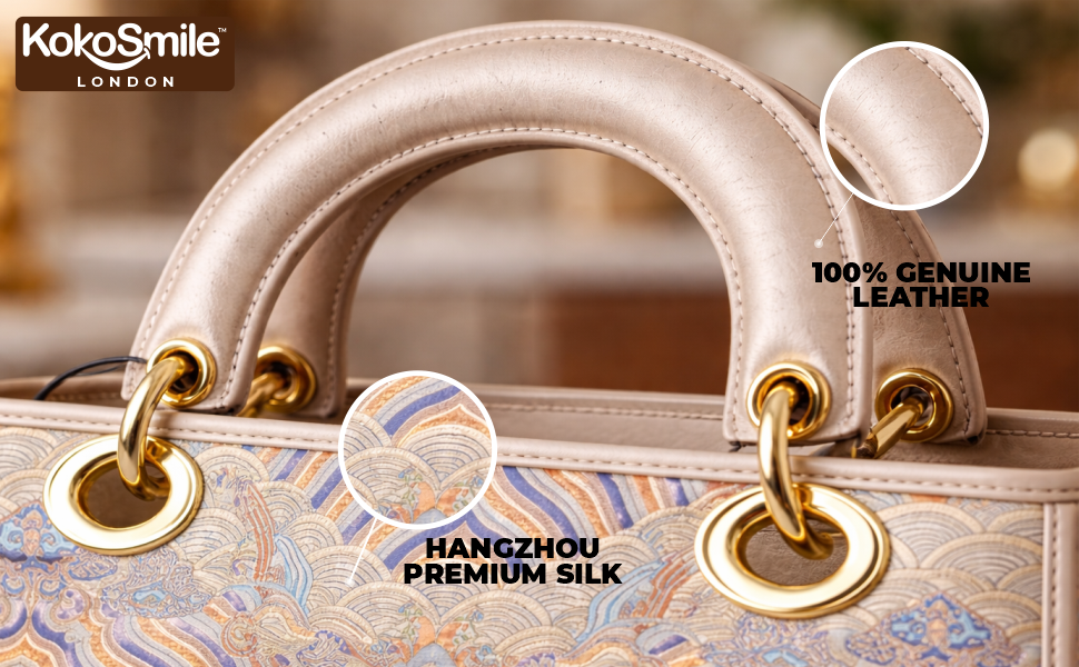 Luxe Hangzhou Silk Panel Leather Handbag with Top Handle Banner 2