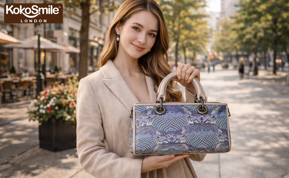 Famous Hangzhou Silk Panel Leather Top Handle Bag with Detachable Strap Banner 3