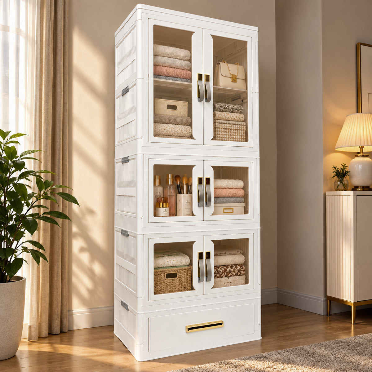 HOMX Foldable Wardrobe Closet – Storage Armoire with Wheels & Drawer