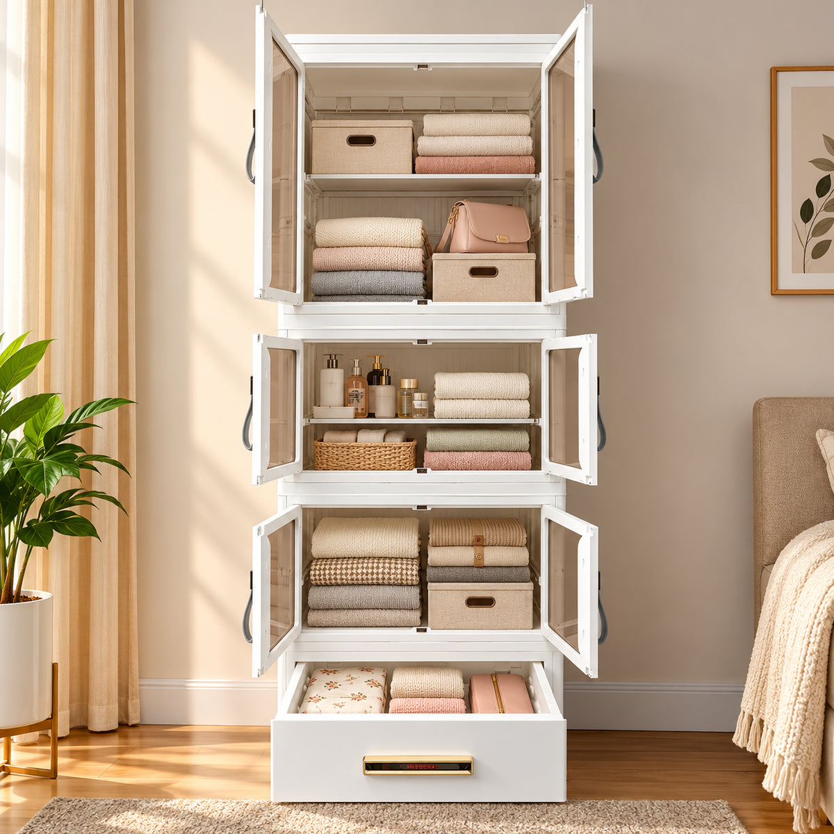 HOMX Foldable Wardrobe Closet – Storage Armoire with Wheels & Drawer