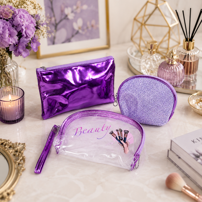 KokoSmile Glam Makeup Pouch Set – Transparent Travel Bags Set of 3