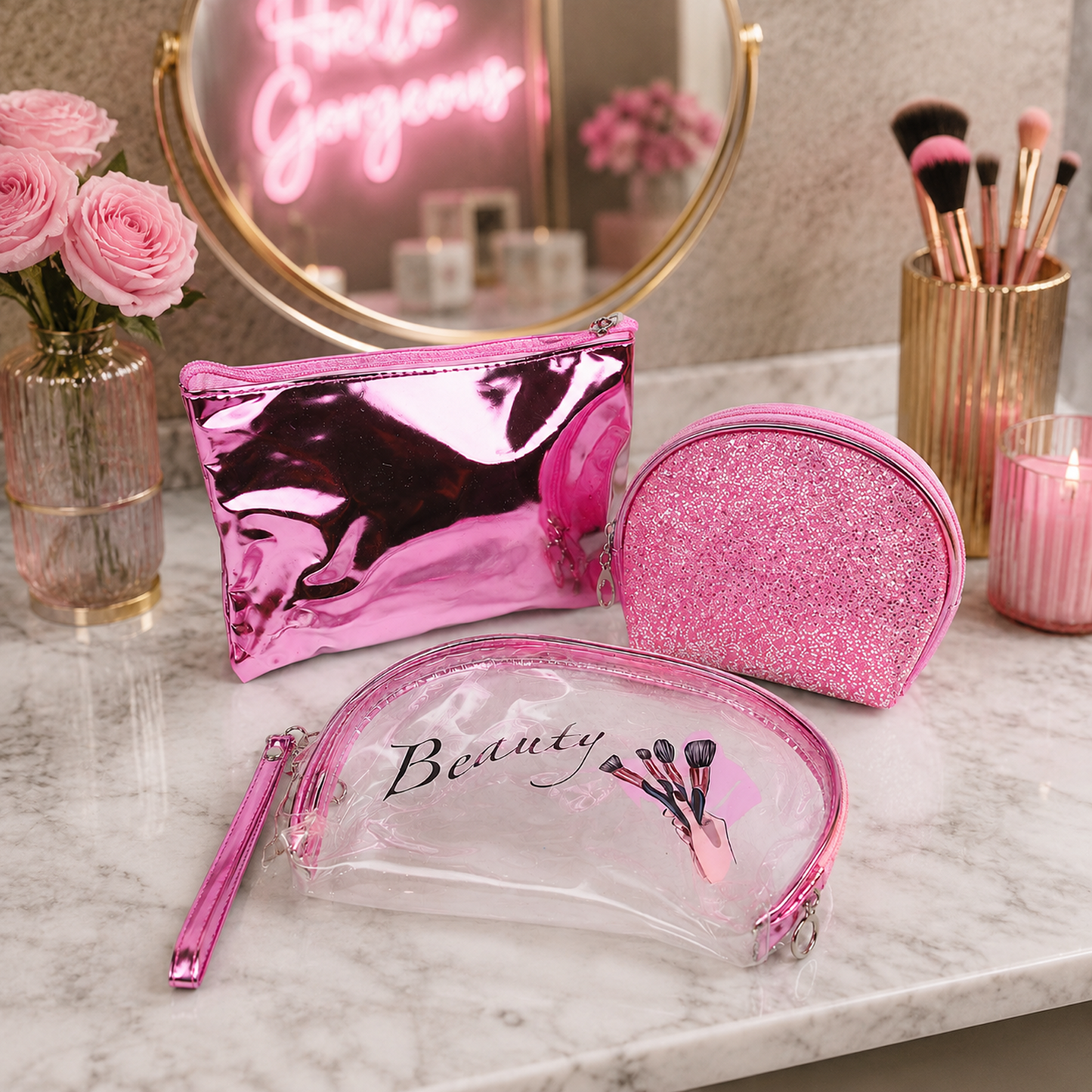 KokoSmile Glam Makeup Pouch Set – Transparent Travel Bags Set of 3