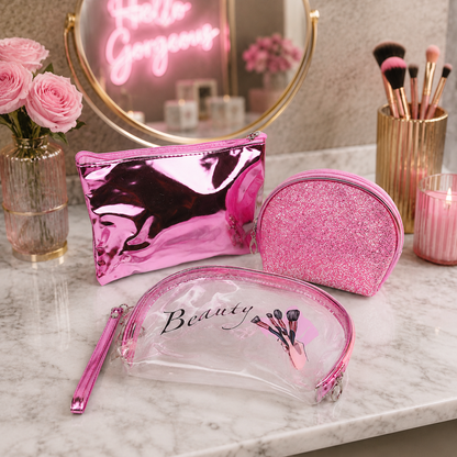 KokoSmile Glam Makeup Pouch Set – Transparent Travel Bags Set of 3