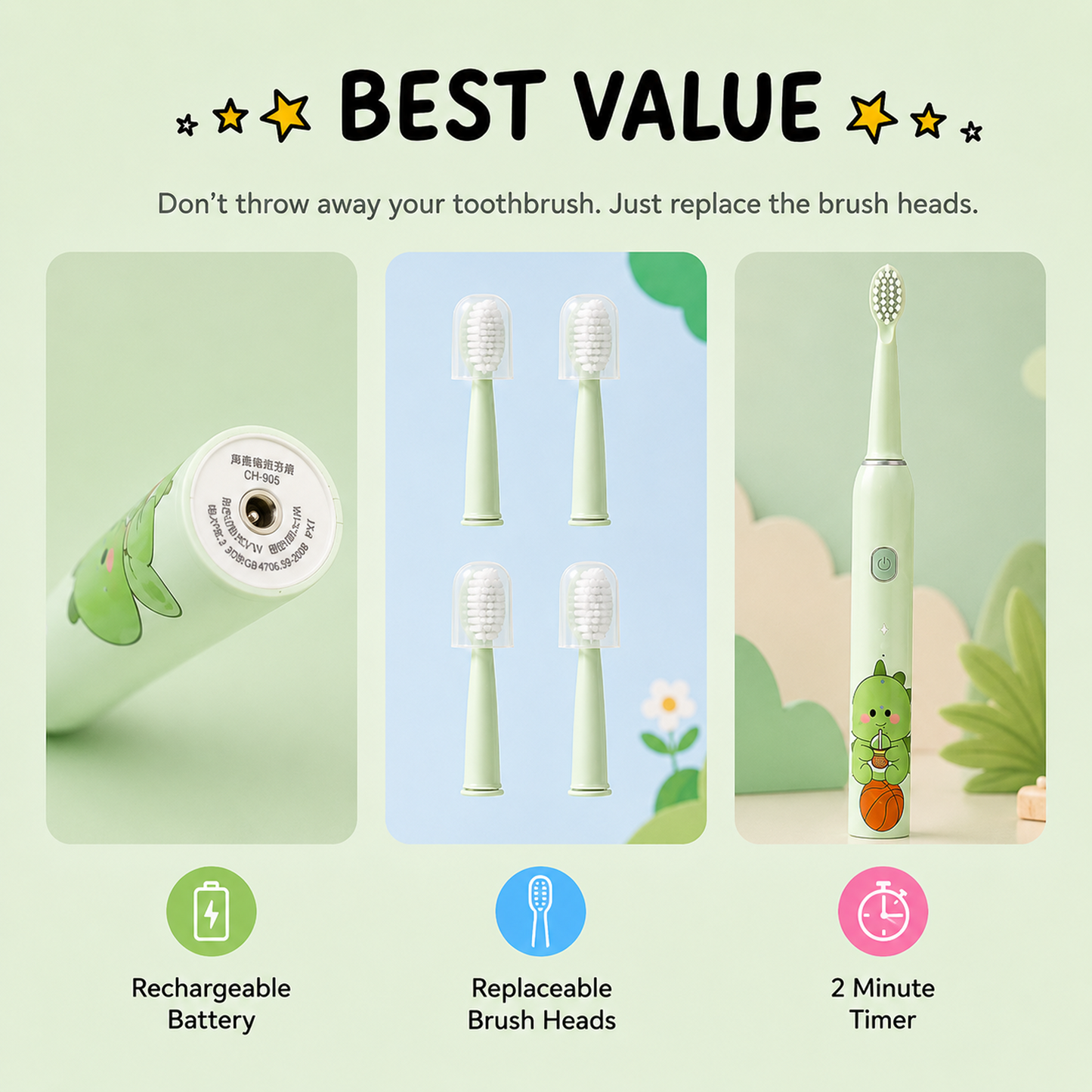 Rechargeable Kids Toothbrush with Sonic Cleaning & 4 Heads