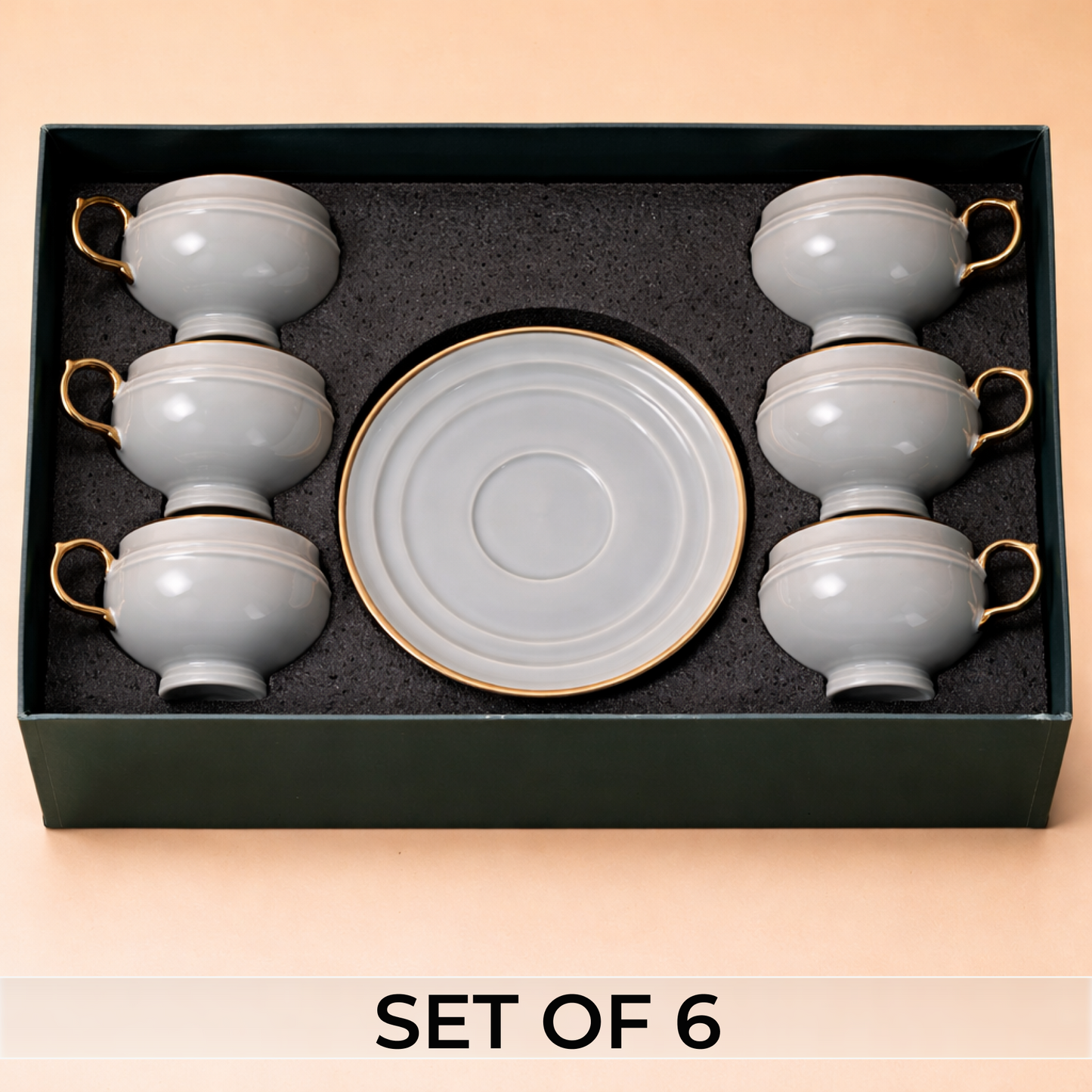 Luxury Sky Blue Gold Rim Ceramic Mug & Saucer Set – Set of 6