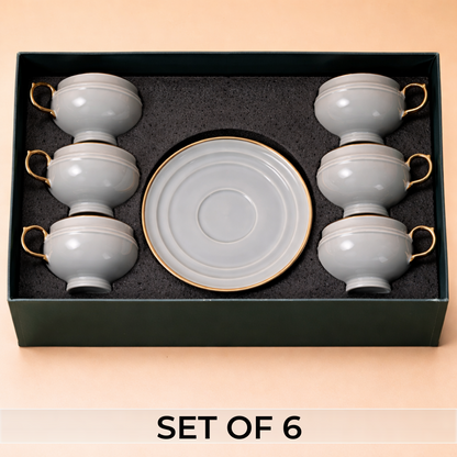 Luxury Sky Blue Gold Rim Ceramic Mug & Saucer Set – Set of 6