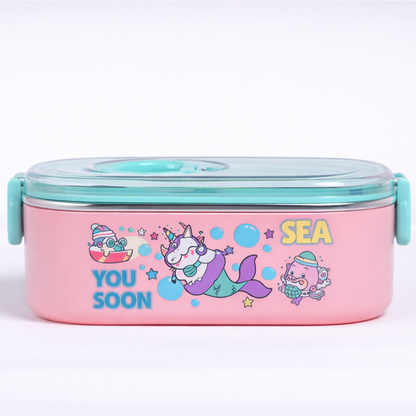 Kids Stainless Steel Lunch Box 2 Compartment with Spoon & Fork Set 800ml