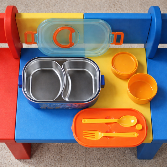 Kids Stainless Steel Lunch Box 2 Compartment with Spoon & Fork Set 800ml