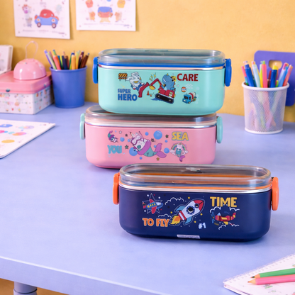 Kids Stainless Steel Lunch Box 2 Compartment with Spoon & Fork Set 800ml