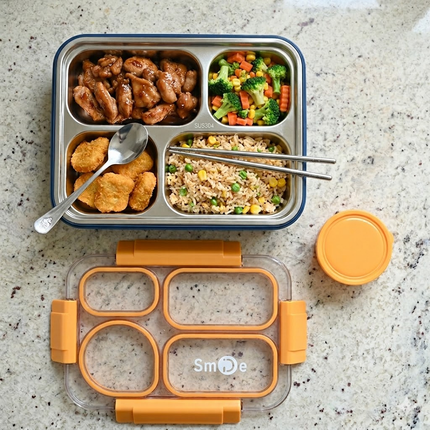 Stainless Steel Bento Lunch Box – 4 Compartment Meal Box – 900ml+bowl 150ml