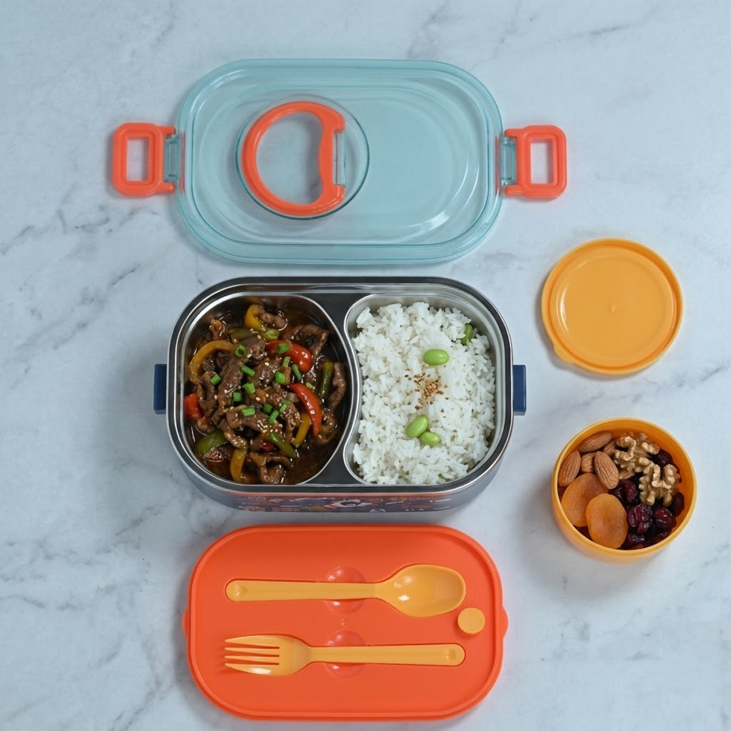 Kids Stainless Steel Lunch Box 2 Compartment with Spoon & Fork Set 800ml