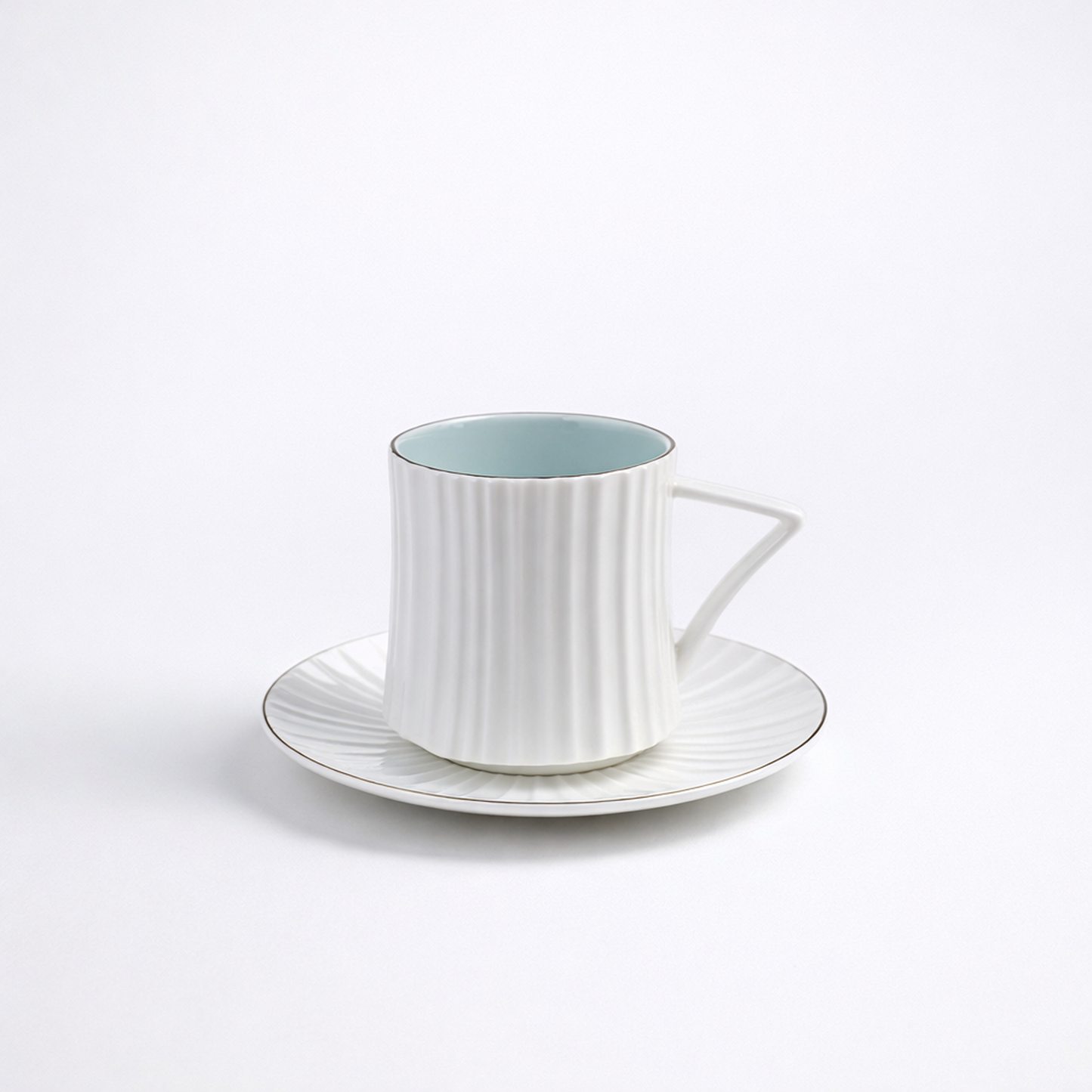 Ivory Blue Ribbed Ceramic Tea/Coffee Mug & Saucer-  Set of 6