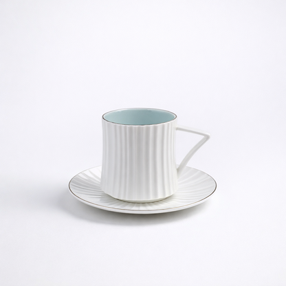 Ivory Blue Ribbed Ceramic Tea/Coffee Mug & Saucer-  Set of 6