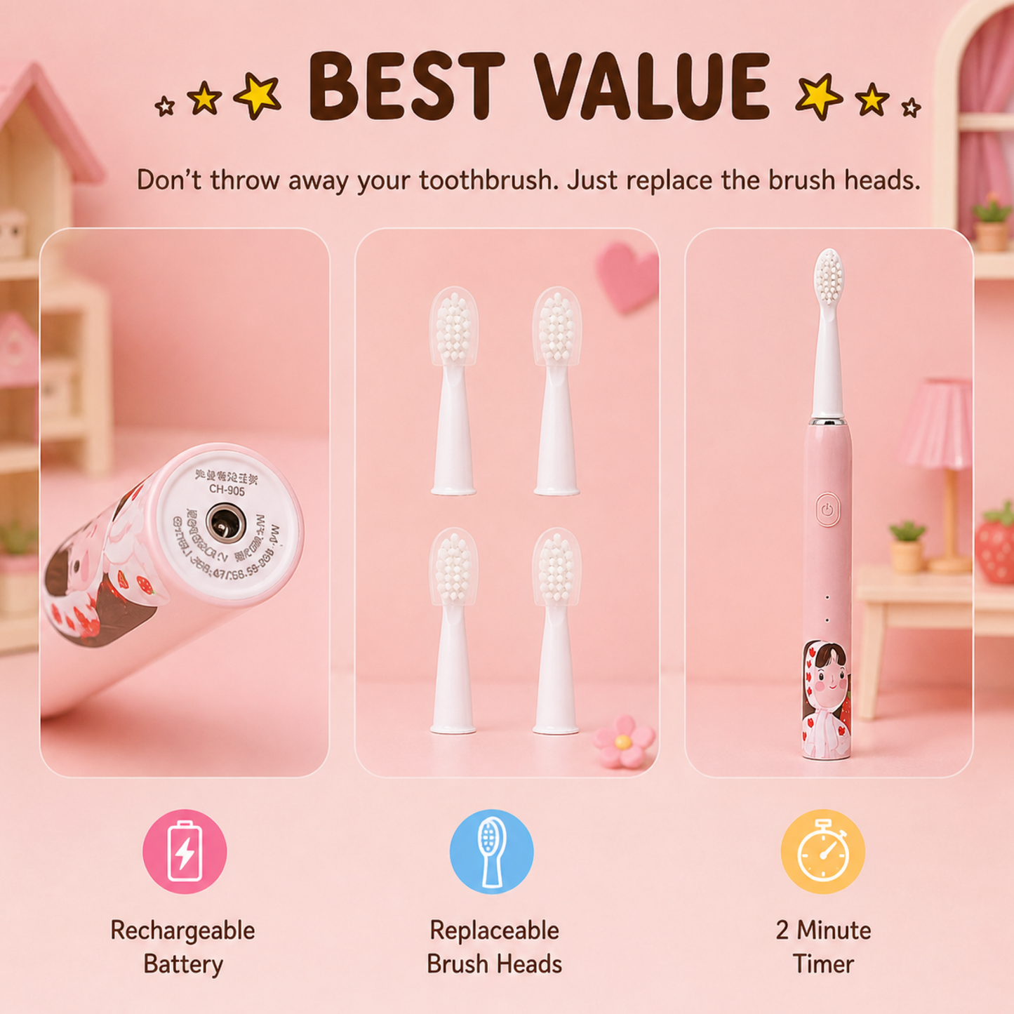 Cartoon Kids Electric Toothbrush with USB Charging & 3 Modes