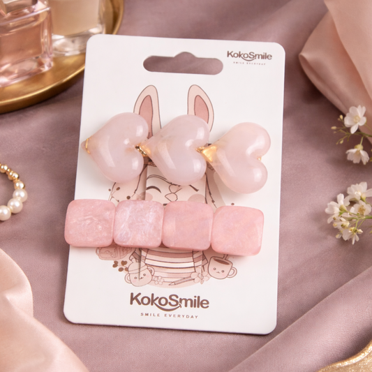 Pink Marble & Heart Pearl Hair Clip Set for Girls
