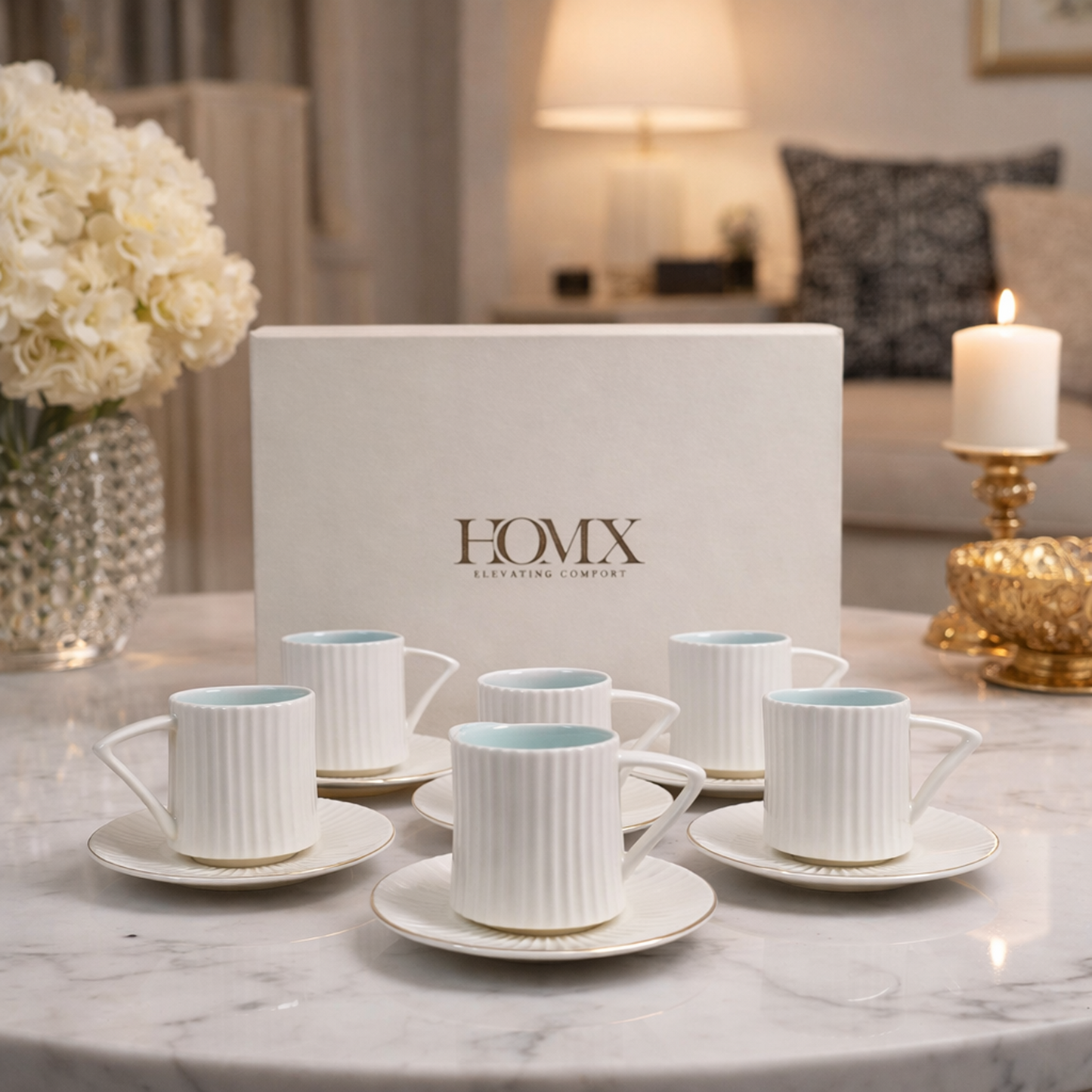 Ivory Blue Ribbed Ceramic Tea/Coffee Mug & Saucer-  Set of 6