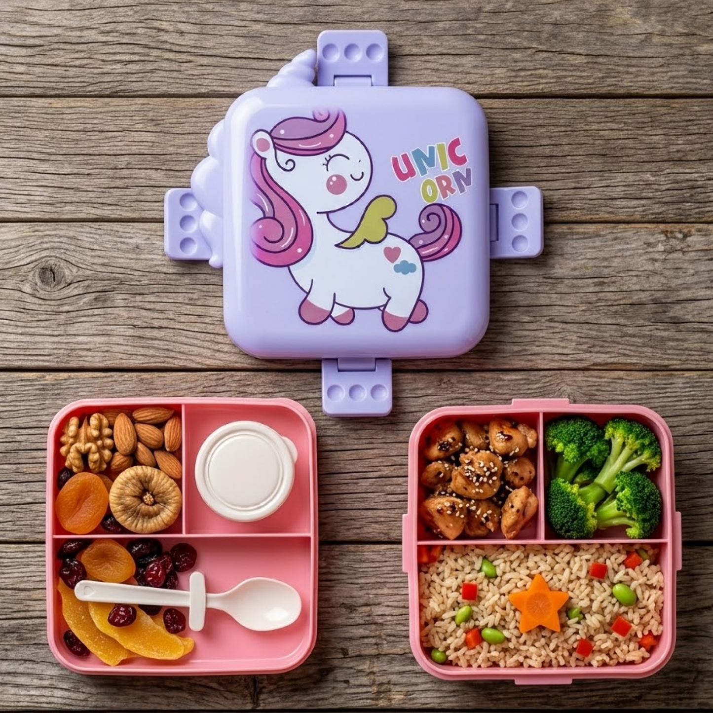 Unicorn Bento Lunch Box with 3 Compartments for Kids - 1590ml