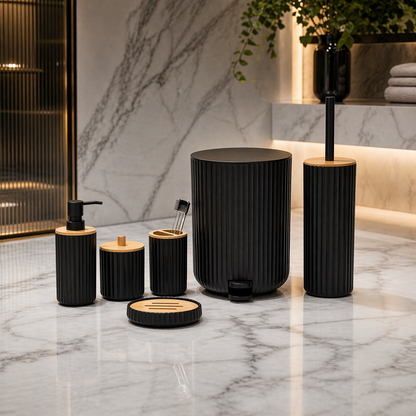 Premium ABS Ribbed Black Bathroom Accessories Set – 6 Pieces