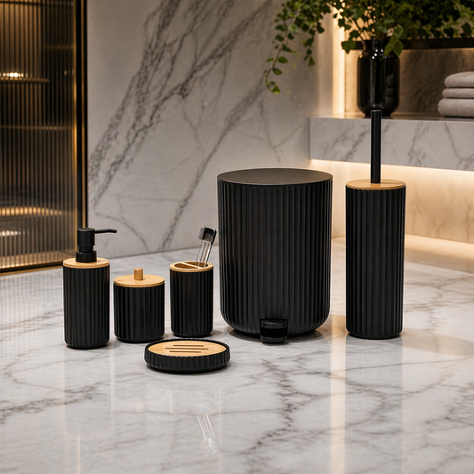 Premium ABS Ribbed Black Bathroom Accessories Set – 6 Pieces