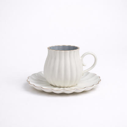 Ivory Luxe Gold Rim Ceramic Tea & Coffee Mug Set with Saucers (6 Pcs)Elegant Ribbed Design | Luxury White Coffee Cups with Plates | Microwave & Dishwasher Safe | Ideal for Home, Office & Gifting