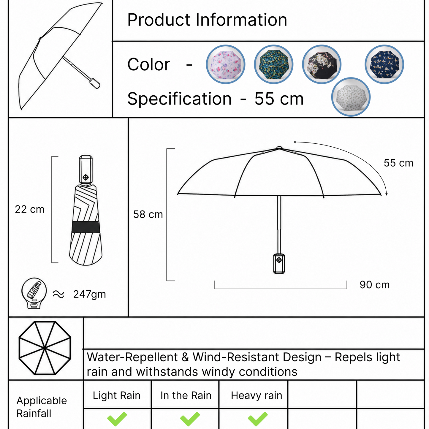 Floral Print UV Protection Umbrella with 10K Golden Rod Frame