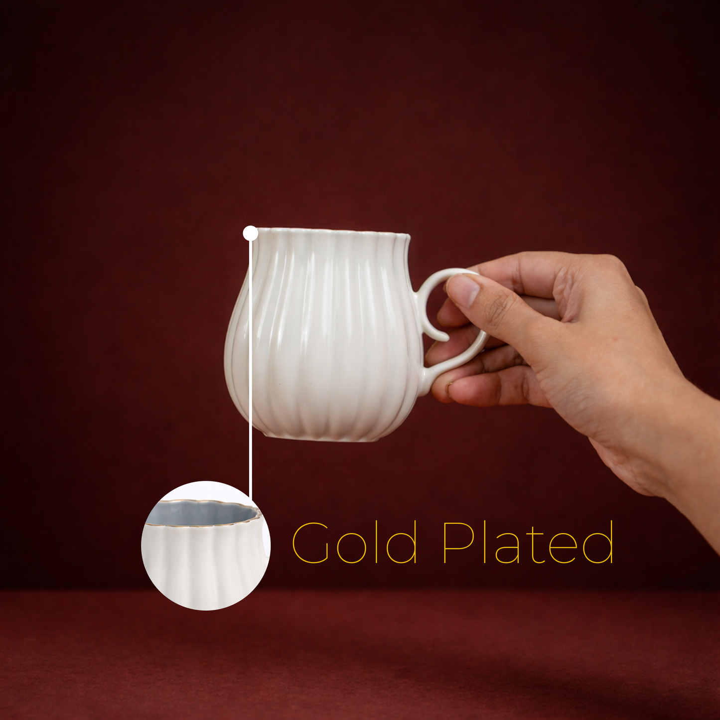 Ivory Luxe Gold Rim Ceramic Tea & Coffee Mug Set with Saucers (6 Pcs)Elegant Ribbed Design | Luxury White Coffee Cups with Plates | Microwave & Dishwasher Safe | Ideal for Home, Office & Gifting