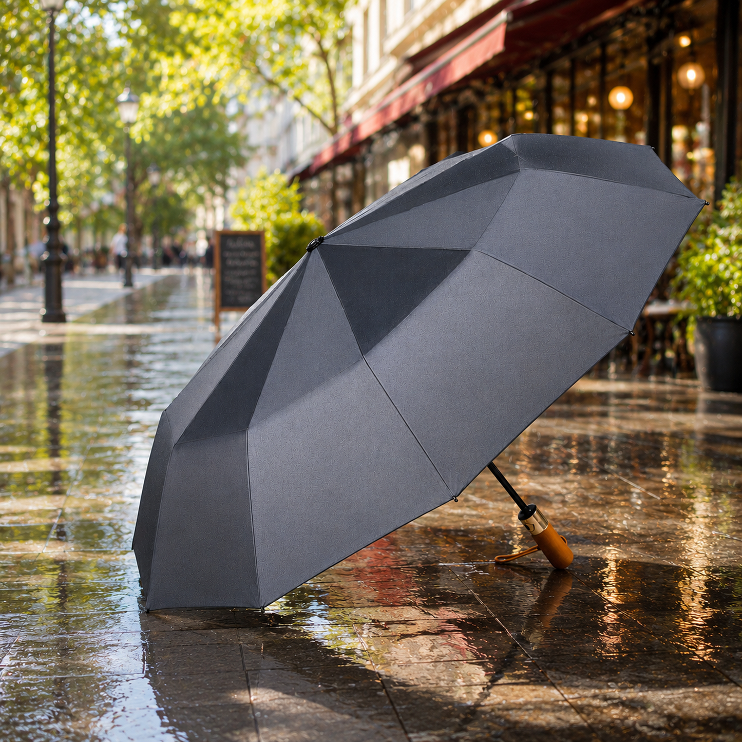 Premium UV Protection Umbrella with 12K Fiber Ribs & Wooden Handle