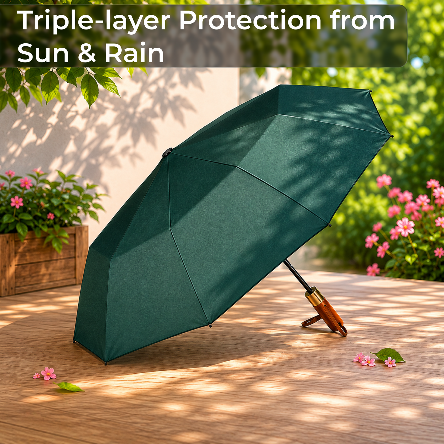 Premium UV Protection Umbrella with 12K Fiber Ribs & Wooden Handle