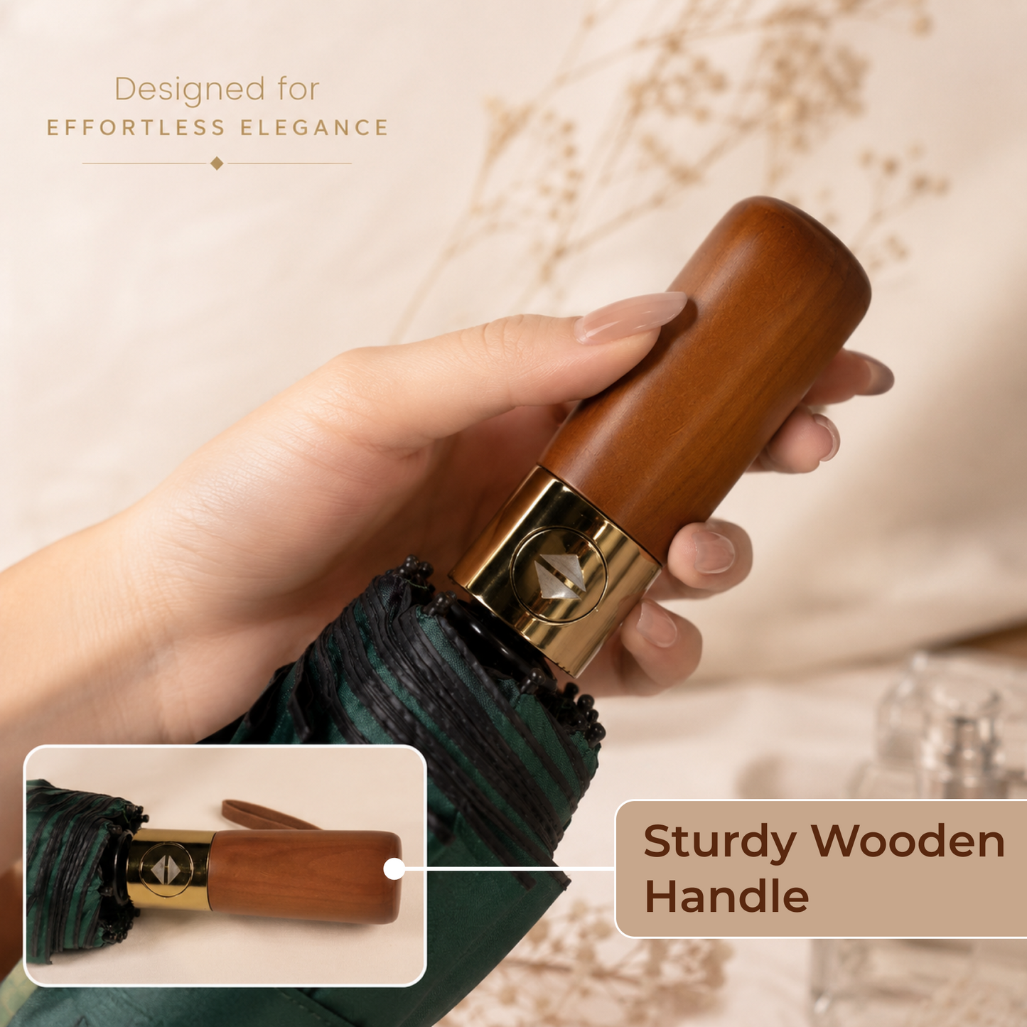 Premium UV Protection Umbrella with 12K Fiber Ribs & Wooden Handle