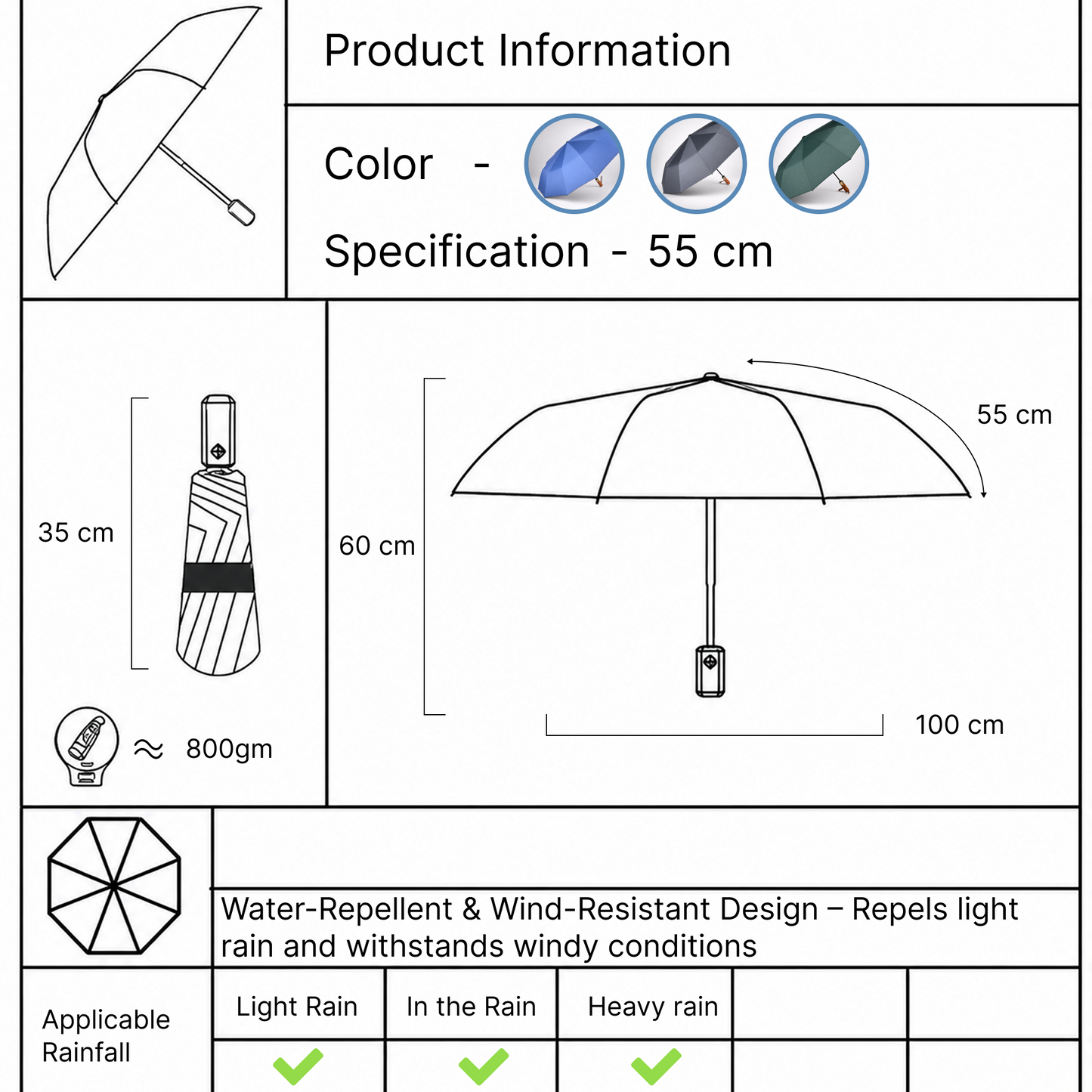 Premium UV Protection Umbrella with 12K Fiber Ribs & Wooden Handle