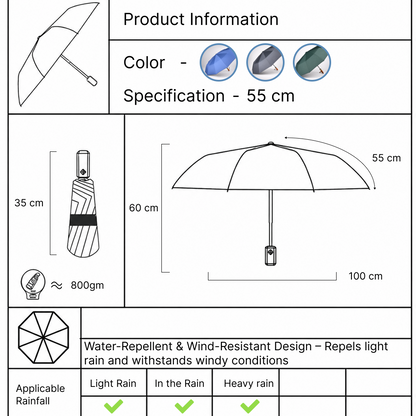 Premium UV Protection Umbrella with 12K Fiber Ribs & Wooden Handle