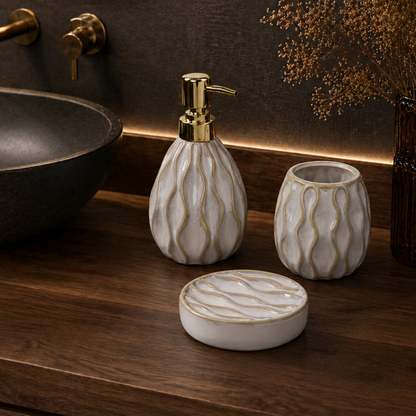 Luxury Ceramic Bath Accessories Set with Gold Finish - Set of 3