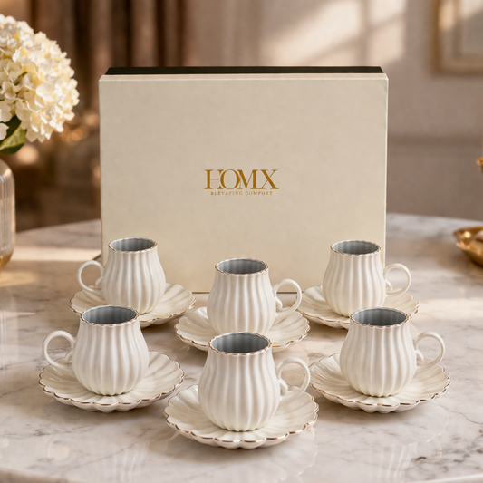Ivory Luxe Gold Rim Ceramic Tea & Coffee Mug Set with Saucers (6 Pcs)Elegant Ribbed Design | Luxury White Coffee Cups with Plates | Microwave & Dishwasher Safe | Ideal for Home, Office & Gifting