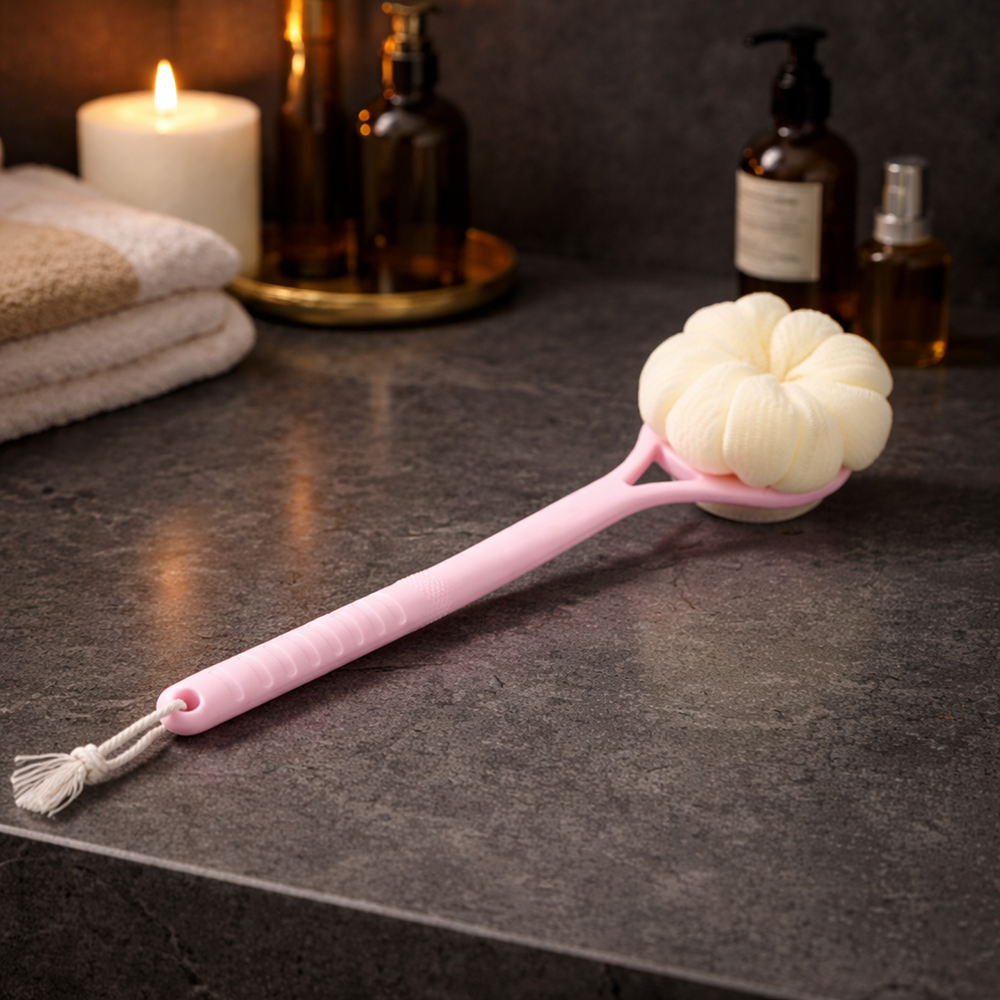 Dual-Sided Bath Back Scrubber Brush with Loofah & Long Handle