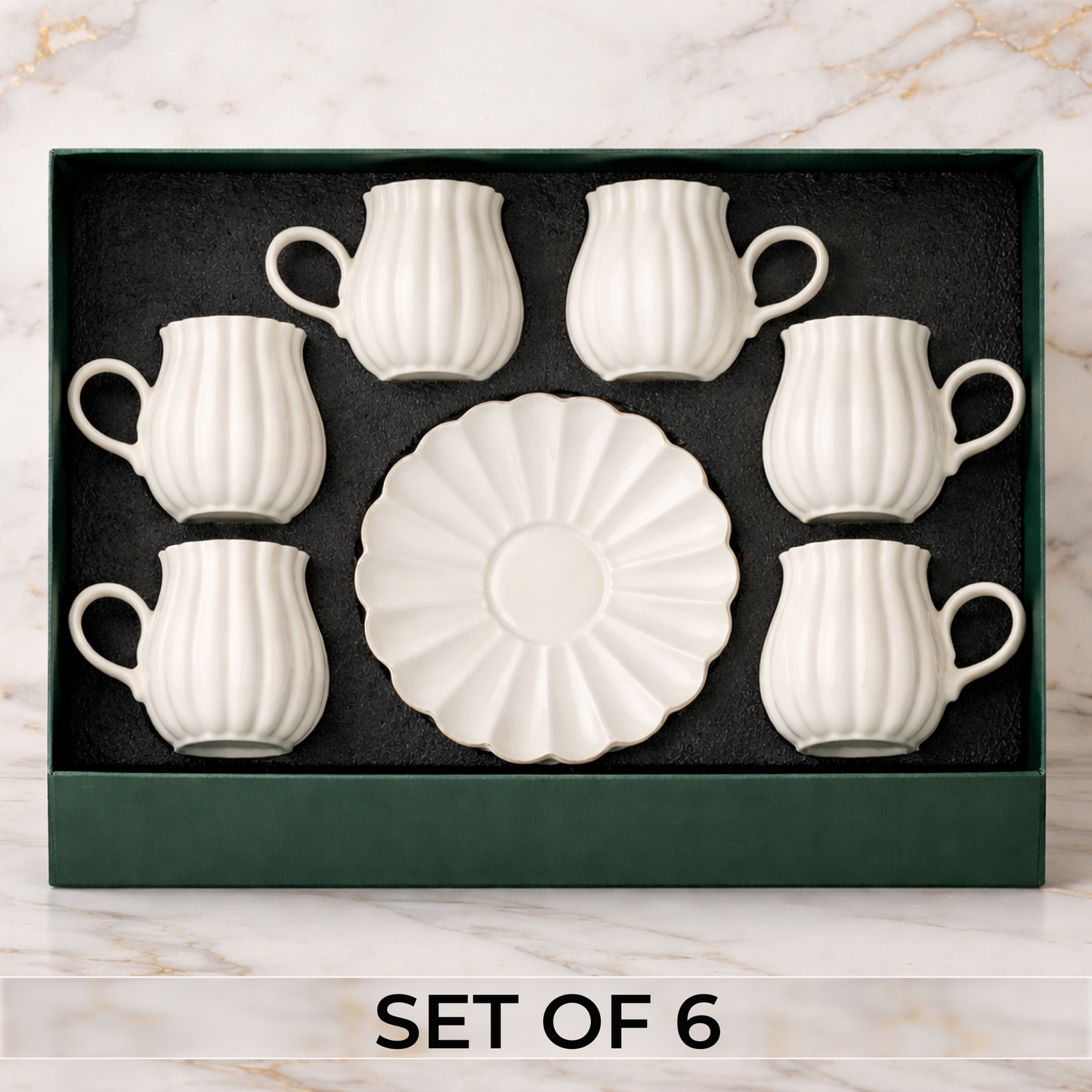 Ivory Luxe Gold Rim Ceramic Tea & Coffee Mug Set with Saucers (6 Pcs)Elegant Ribbed Design | Luxury White Coffee Cups with Plates | Microwave & Dishwasher Safe | Ideal for Home, Office & Gifting
