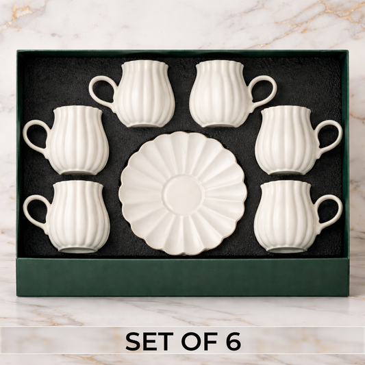 Ivory Luxe Gold Rim Ceramic Tea & Coffee Mug Set with Saucers (6 Pcs)Elegant Ribbed Design | Luxury White Coffee Cups with Plates | Microwave & Dishwasher Safe | Ideal for Home, Office & Gifting