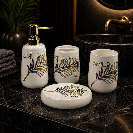 Ceramic Bathroom Set with Artistic Leaf Design - Set of 4