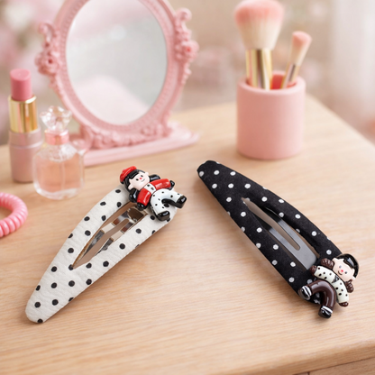 Polka Dot Fabric Hair Snap Clips with Doll Embellishment - Set of 2