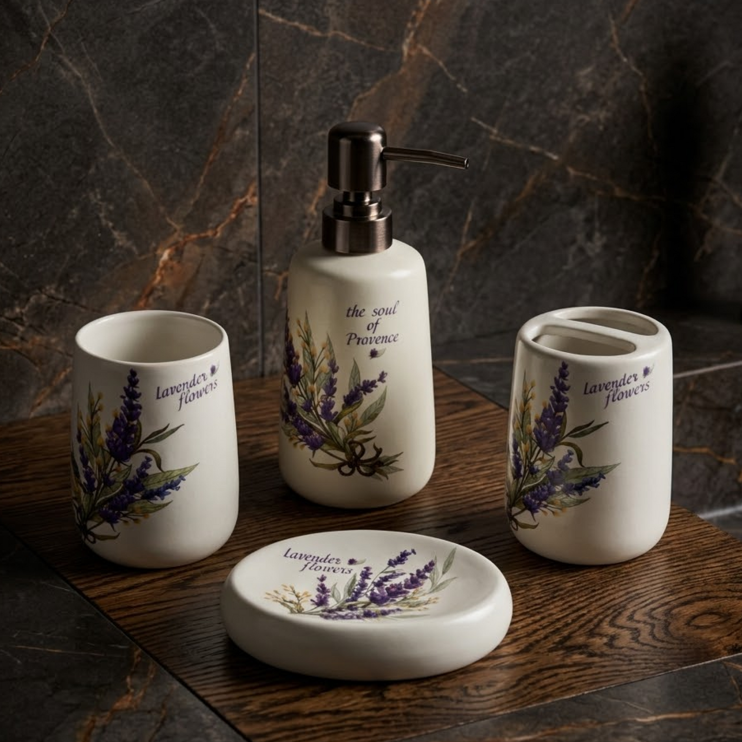 Premium Ceramic Lavender Bathroom Accessories Set – 4 Pieces
