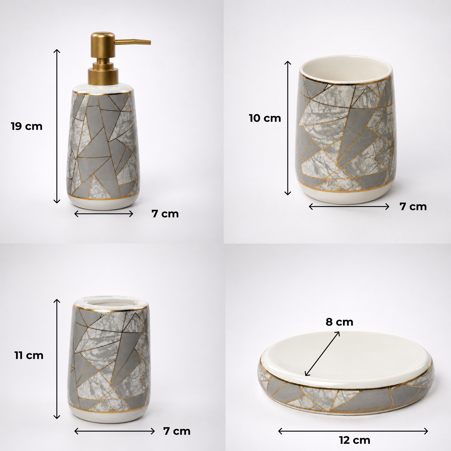 Luxe Ceramic Grey-Gold Bathroom Accessories Set of 4