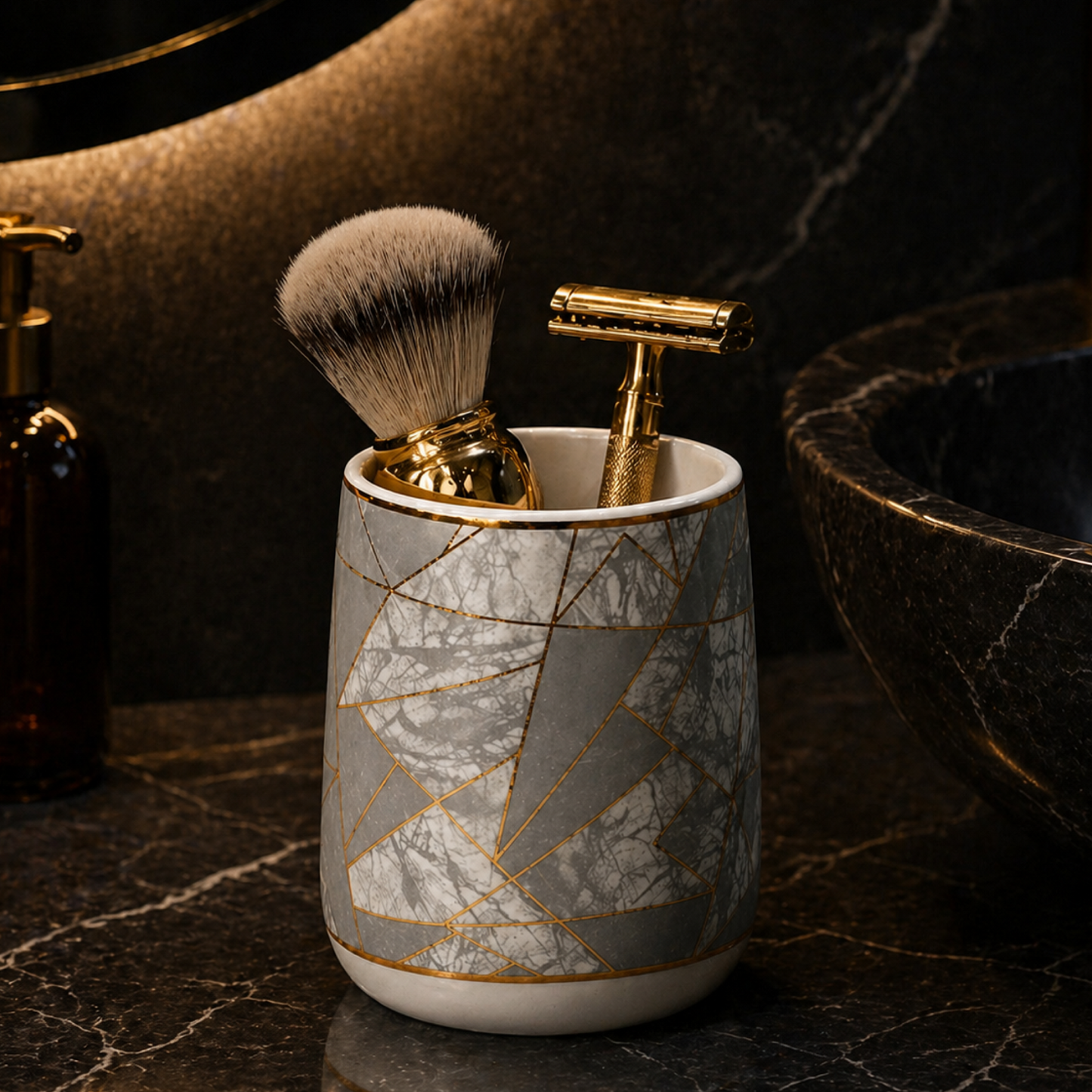 Luxe Ceramic Grey-Gold Bathroom Accessories Set of 4