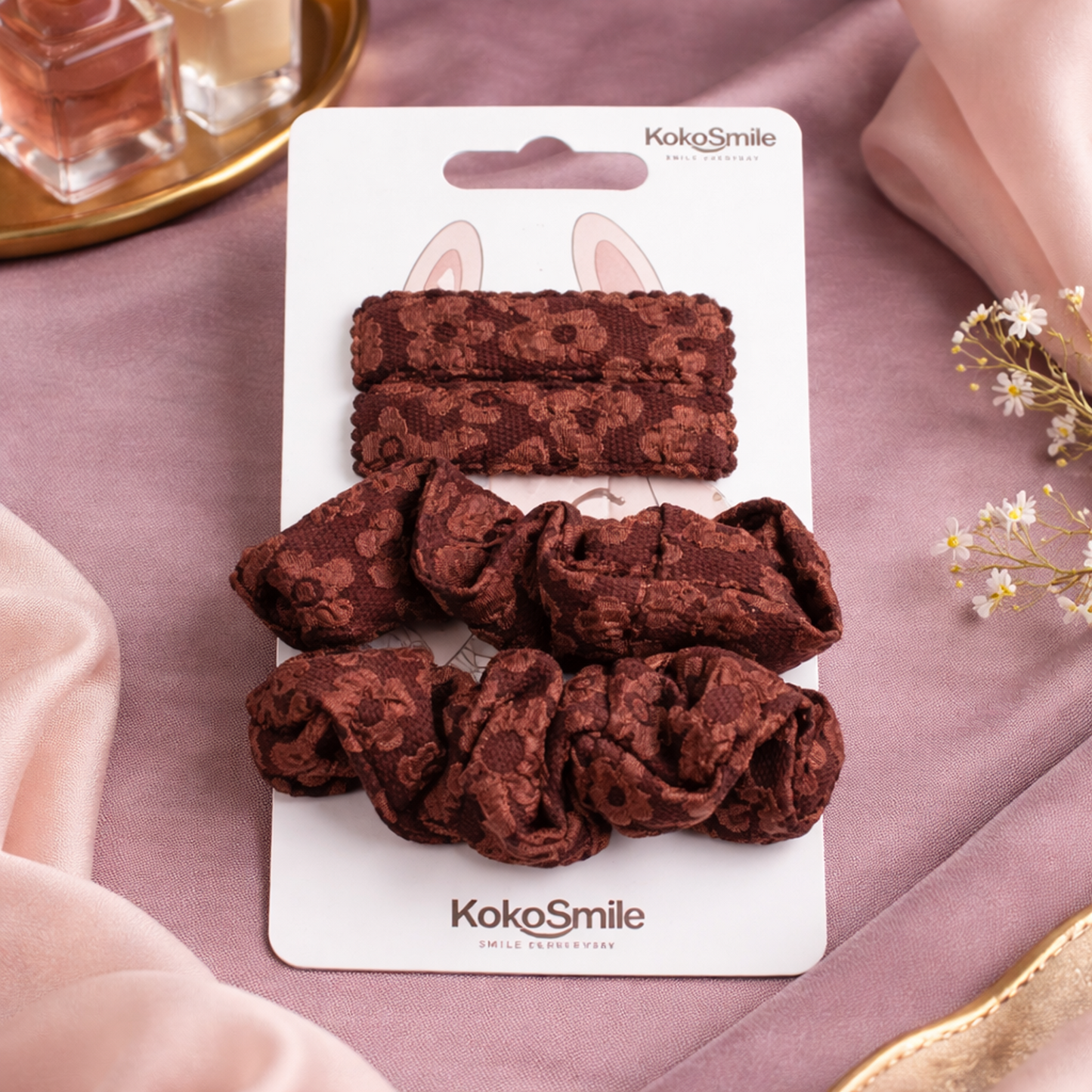 Vintage Floral Scrunchie & Snap Hair Clip Set for Girls (Set of 4)