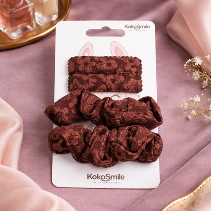 Vintage Floral Scrunchie & Snap Hair Clip Set for Girls (Set of 4)