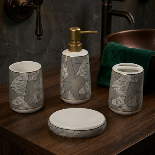 Luxe Ceramic Grey-Gold Bathroom Accessories Set of 4