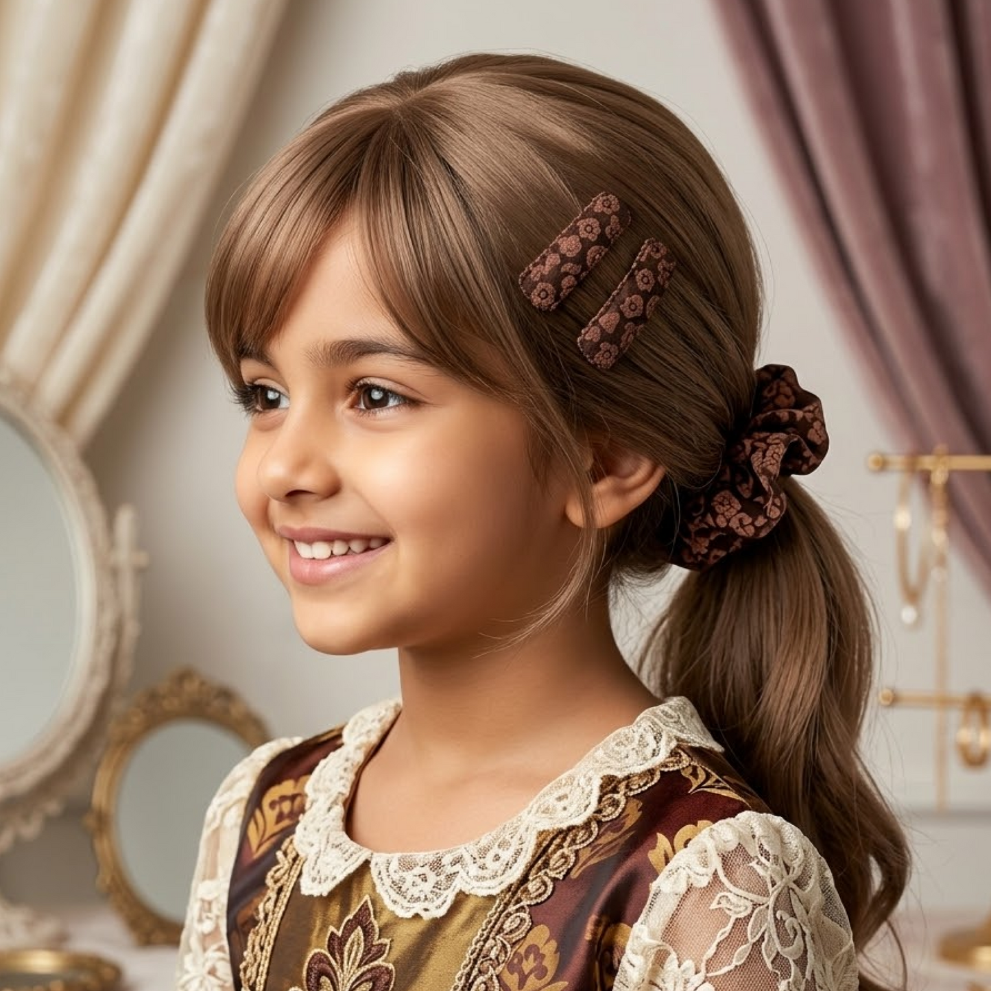 Vintage Floral Scrunchie & Snap Hair Clip Set for Girls (Set of 4)