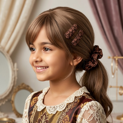 Vintage Floral Scrunchie & Snap Hair Clip Set for Girls (Set of 4)