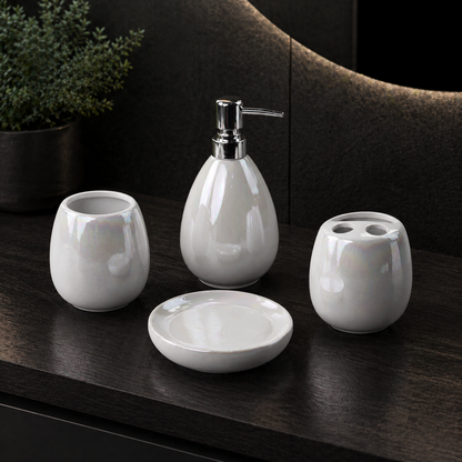 Pearl White Ceramic Bath Accessories Set with Gloss Finish - 4 Pieces